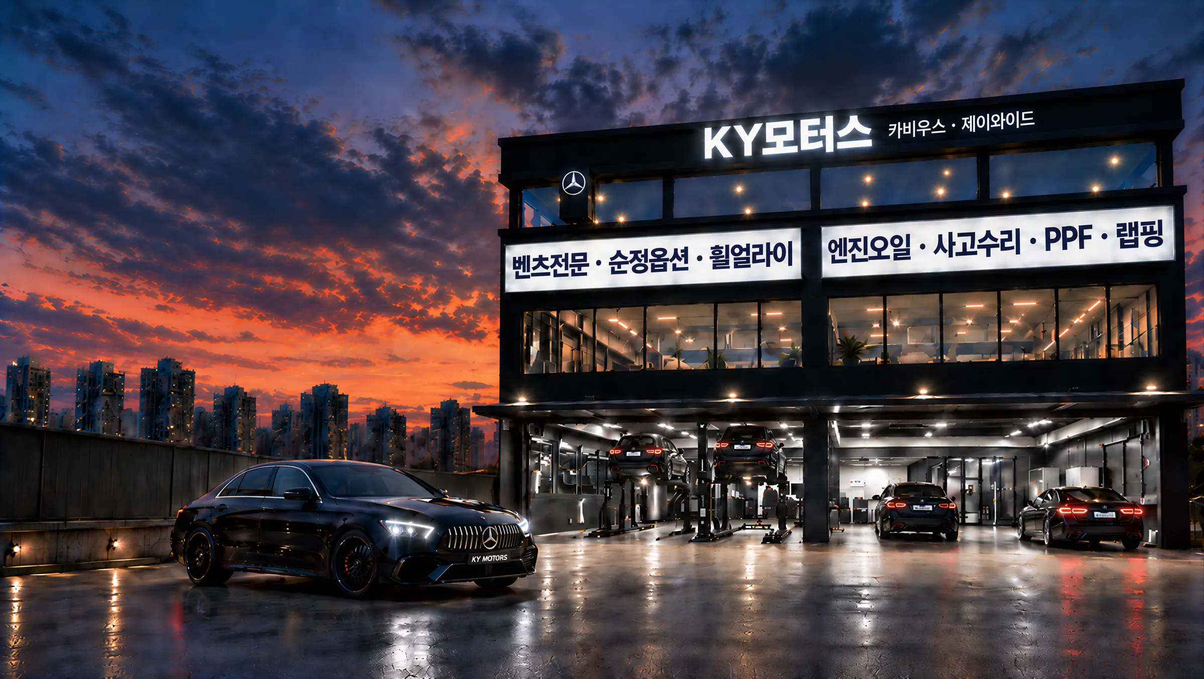 KY모터스 센터 외관 — 벤츠전문 · 순정옵션 · 휠얼라이먼트 · 엔진오일 · 사고수리 · PPF · 랩핑